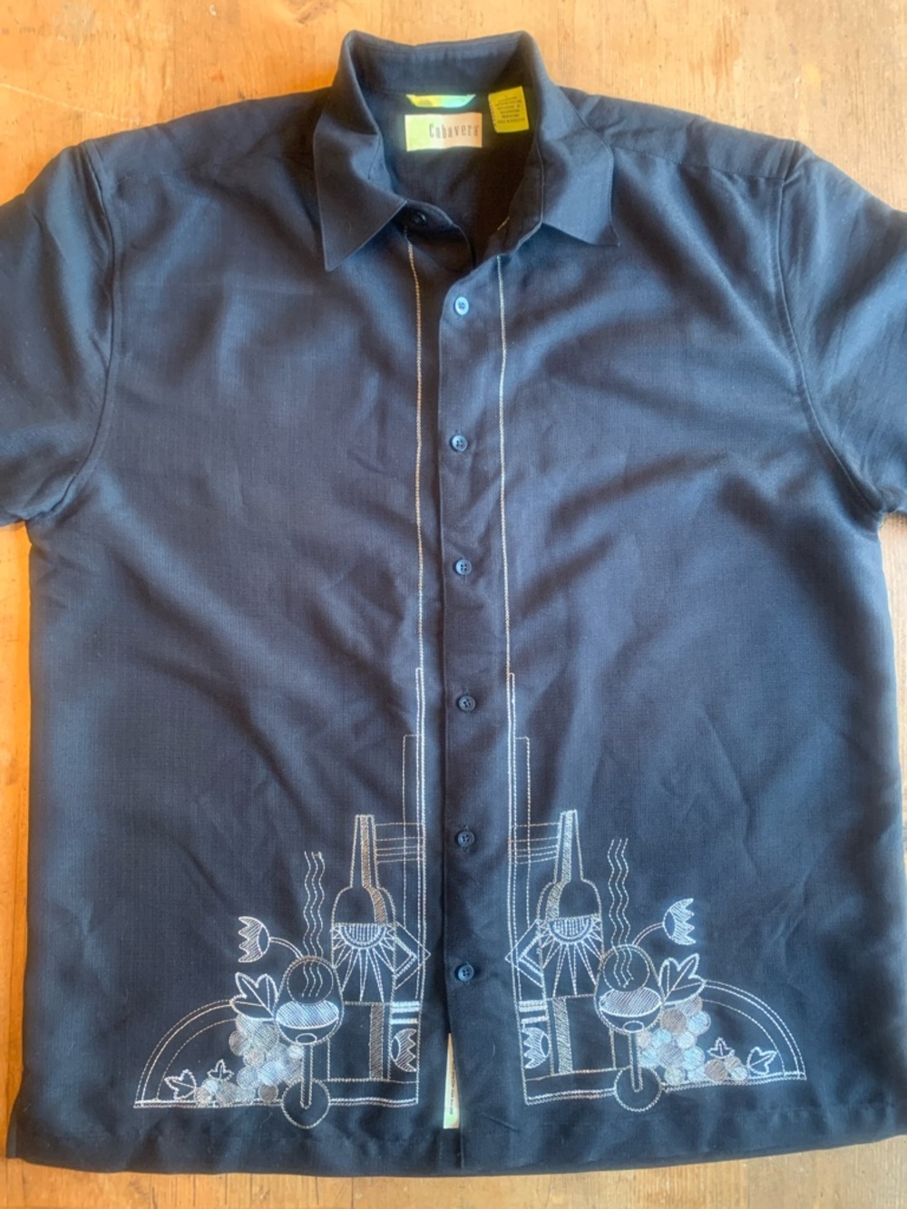 Cubavera Black Short-Sleeve Button-Up Shirt with Embroidered Panels